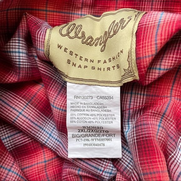 Wrangler Shirt Mens Size 2XL Western Red Plaid Pearl Snap Shirt Short Sleeve - Picture 6 of 9